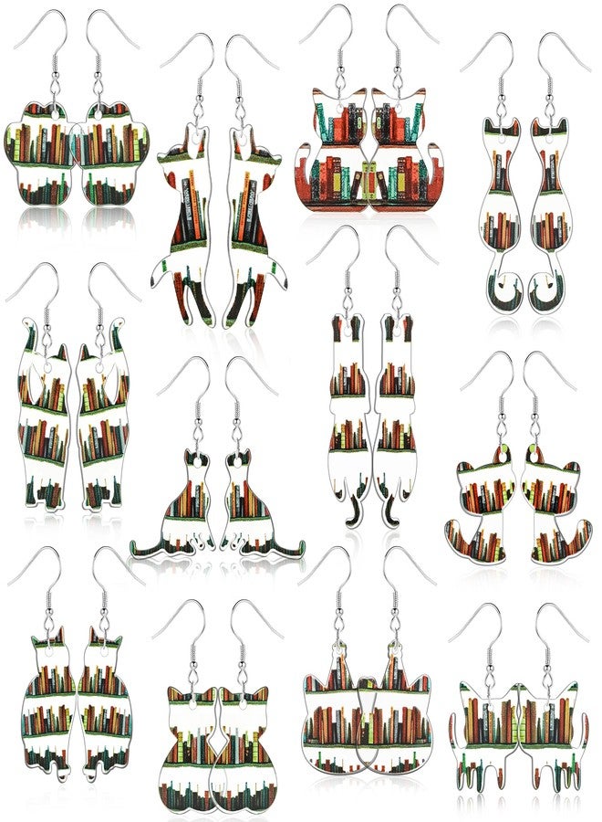 Vynium Book Earrings 12 Pairs, Book Lovers & Readers Gifts with Cat, Bookshelf, Acrylic Dangle Earrings for Librarian, Student, Christmas Women Gift, Teacher Appreciation Day Gifts - Image 1